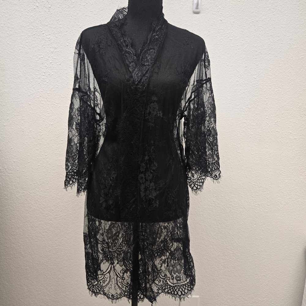 Avidlove Black Floral Lace Robe Sheer Eyelash Trim Kimono Sleeve Medium - Picture 2 of 12